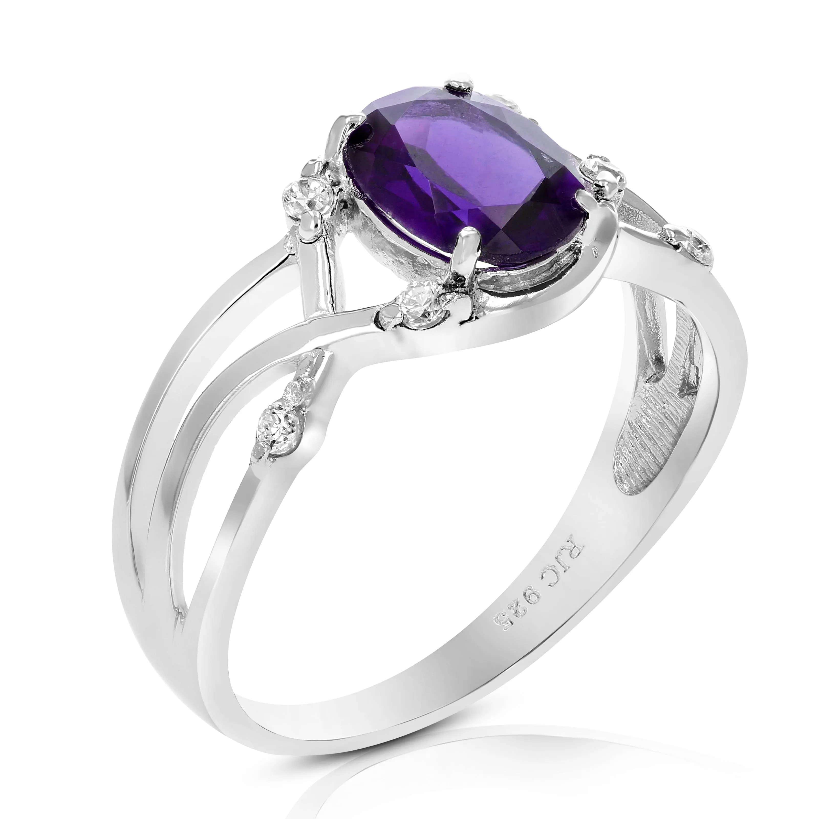 0.80 cttw Purple Amethyst Ring .925 Sterling Silver with Rhodium Oval 8x6 MM