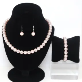 10mm Light Pink Faux Pearl Necklace Earring And Bracelet Set, Bridal Jewelry, Bridal Earrings And Necklace, Statement Earrings Necklace Set.