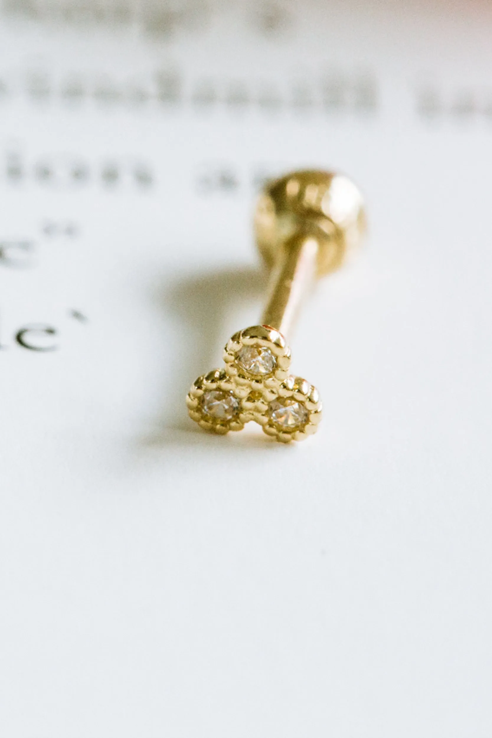 14k Gold Cubic Three Round Triangle Shape Barbell Ear Stud Piercing