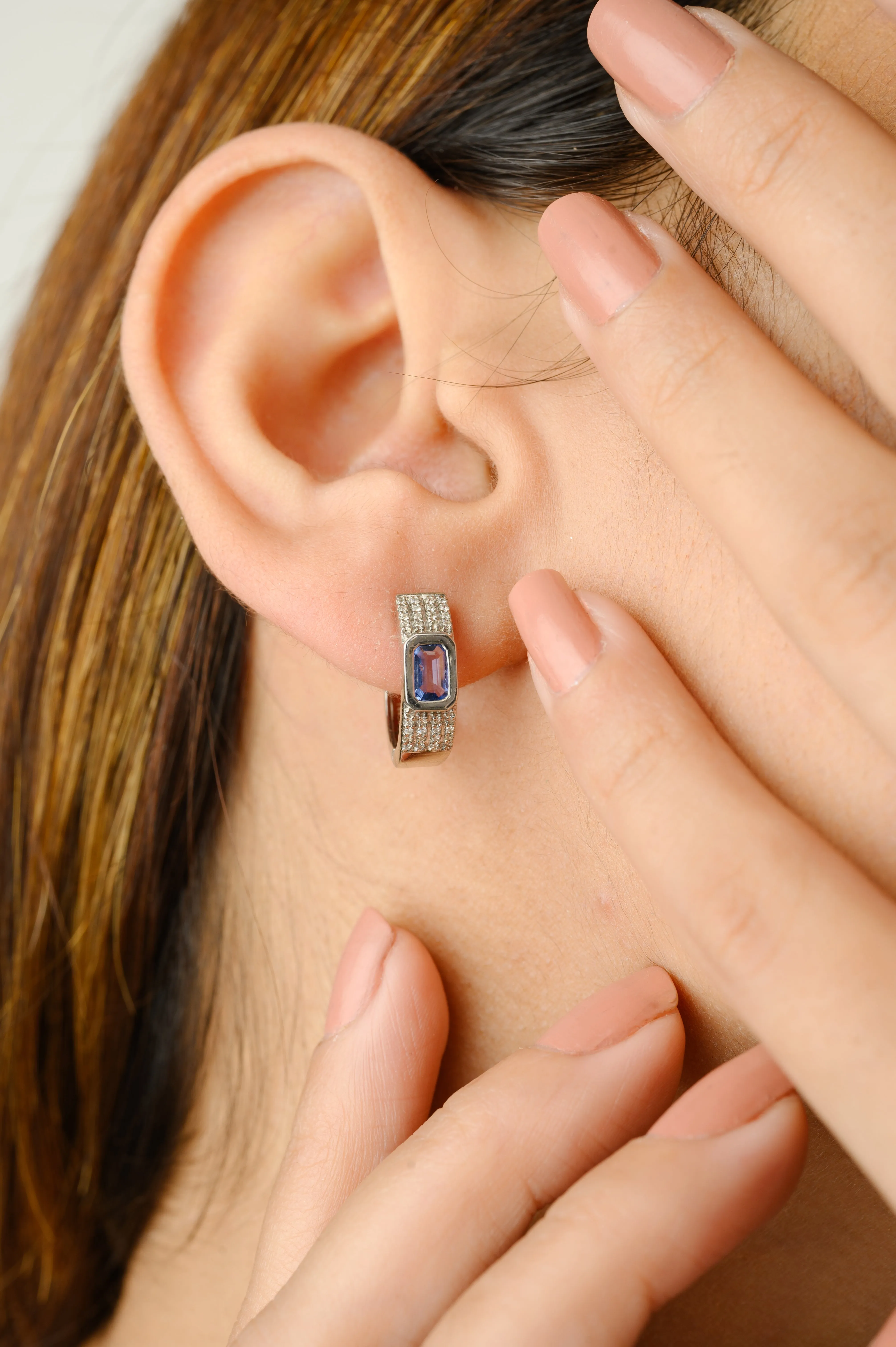 14K Gold Huggie Hoops Blue Sapphire Earrings