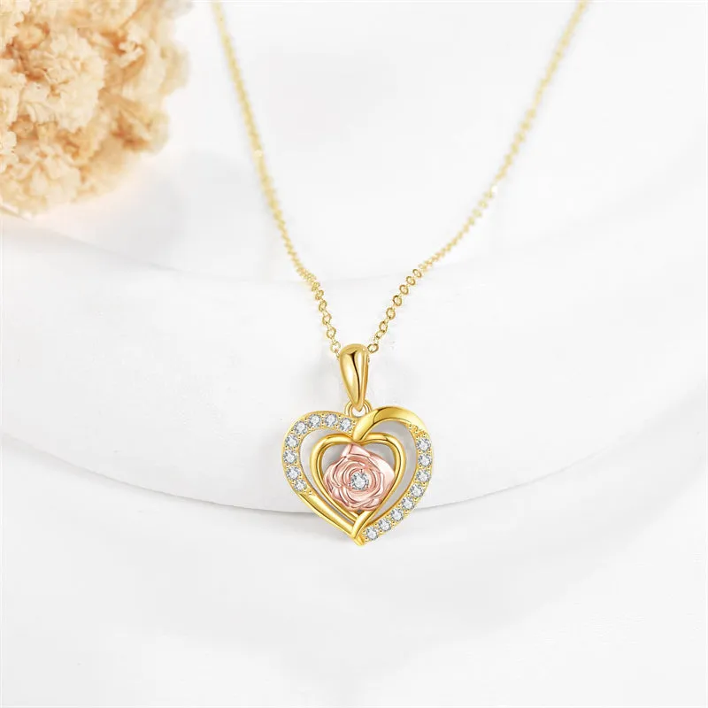 14K Gold Rose Necklace 14K Solid Yellow Gold Rose Heart Pendant Necklace Gold Rose Flower Jewelry for Women Girls Gifts