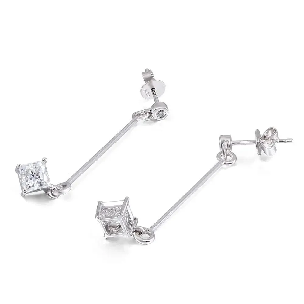 14k White Gold Drop / Dangle Princess Cut Moissanite Earrings 1.06ctw