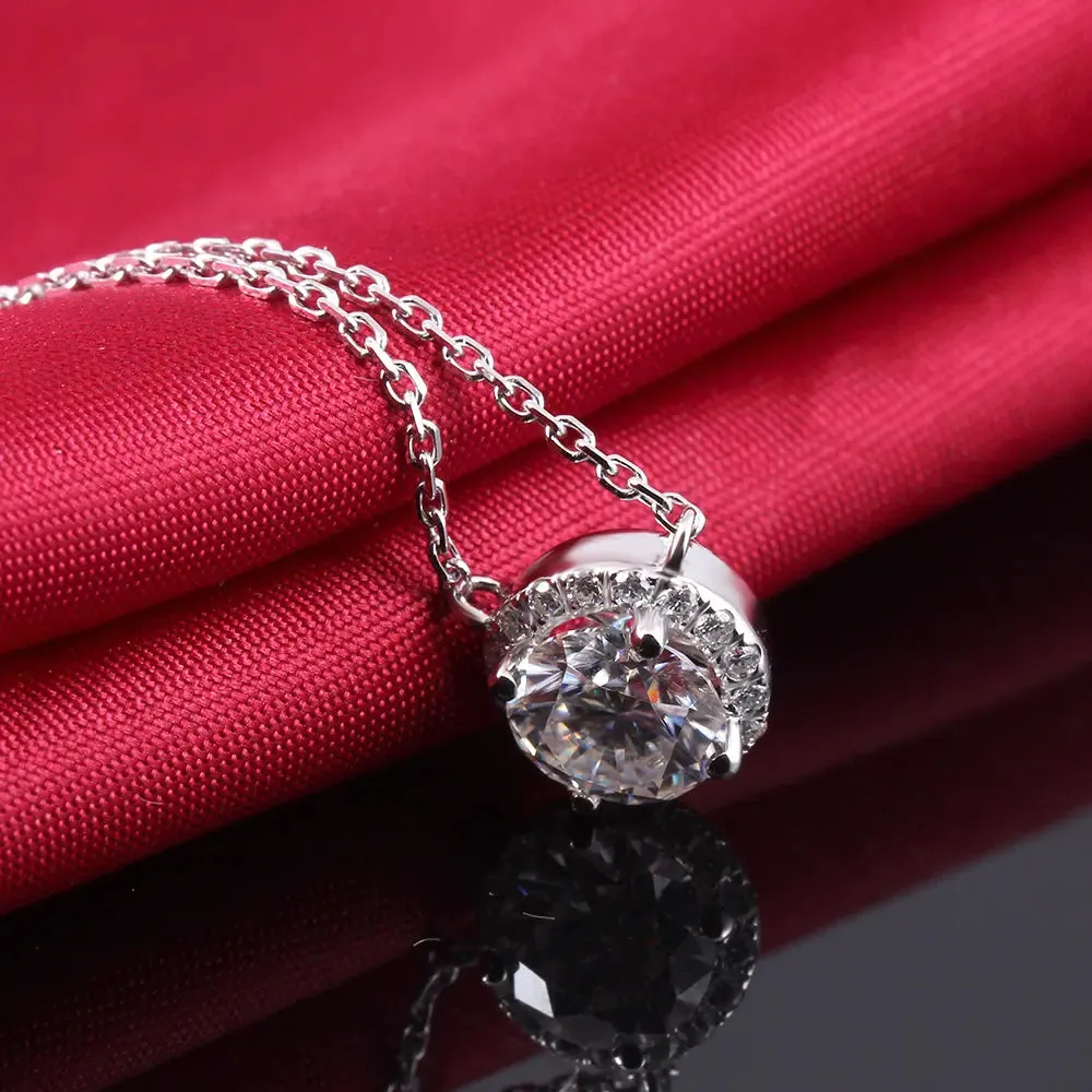 14k White Gold Halo Moissanite Necklace 1ct