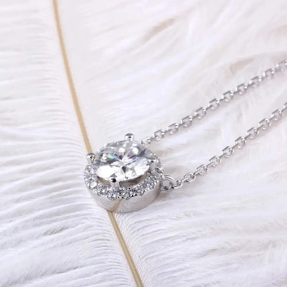 14k White Gold Halo Moissanite Necklace 1ct