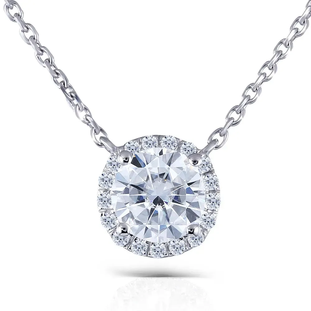 14k White Gold Halo Moissanite Necklace 1ct