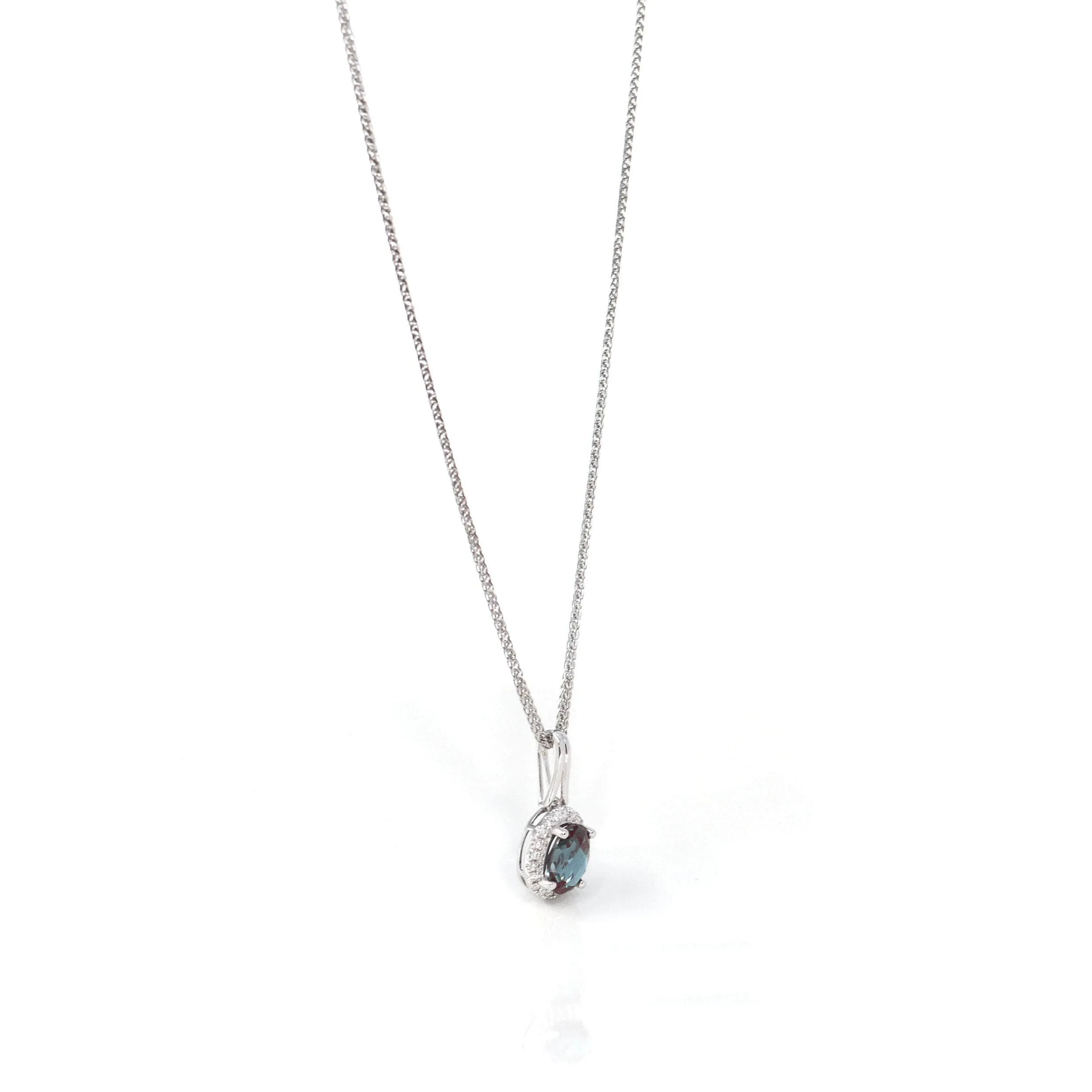 14k White Gold Lab Created Alexandrite Faceted Oval Prong Set Necklace With Diamonds