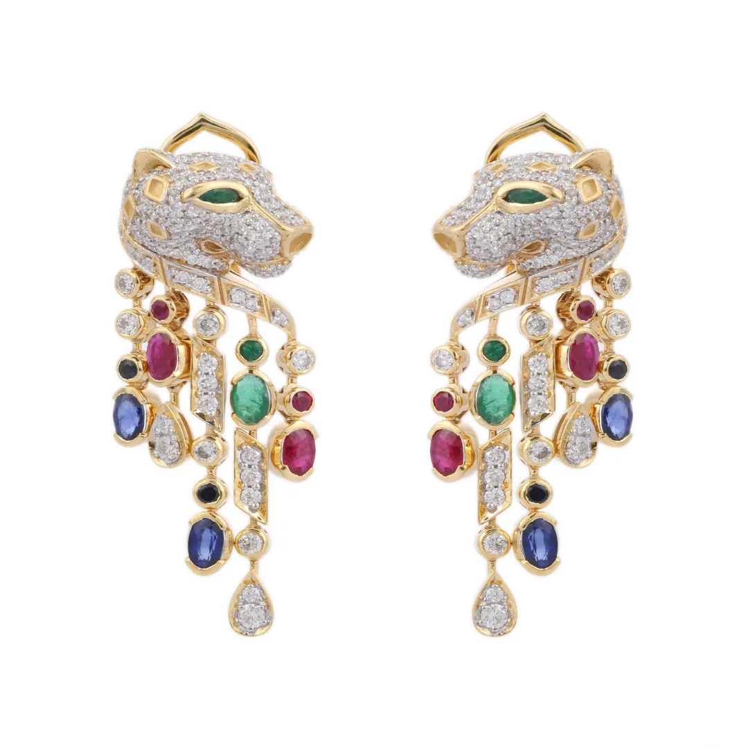 14K Yellow Gold Multi Gemstone Panther Earring