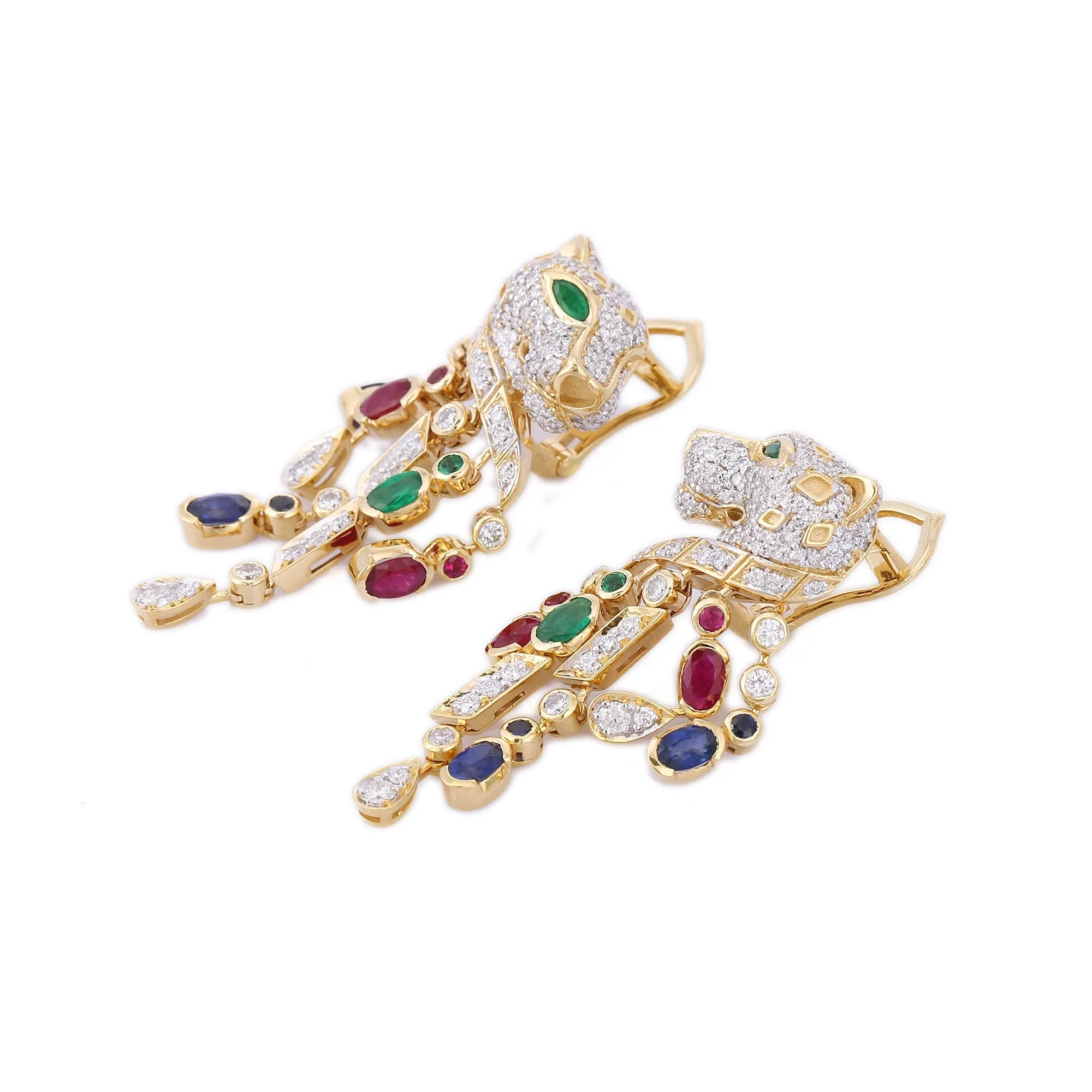 14K Yellow Gold Multi Gemstone Panther Earring