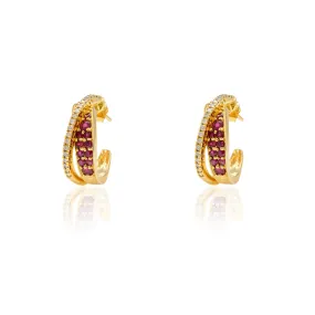 14K Yellow Gold Ruby Diamond Hoops Earrings