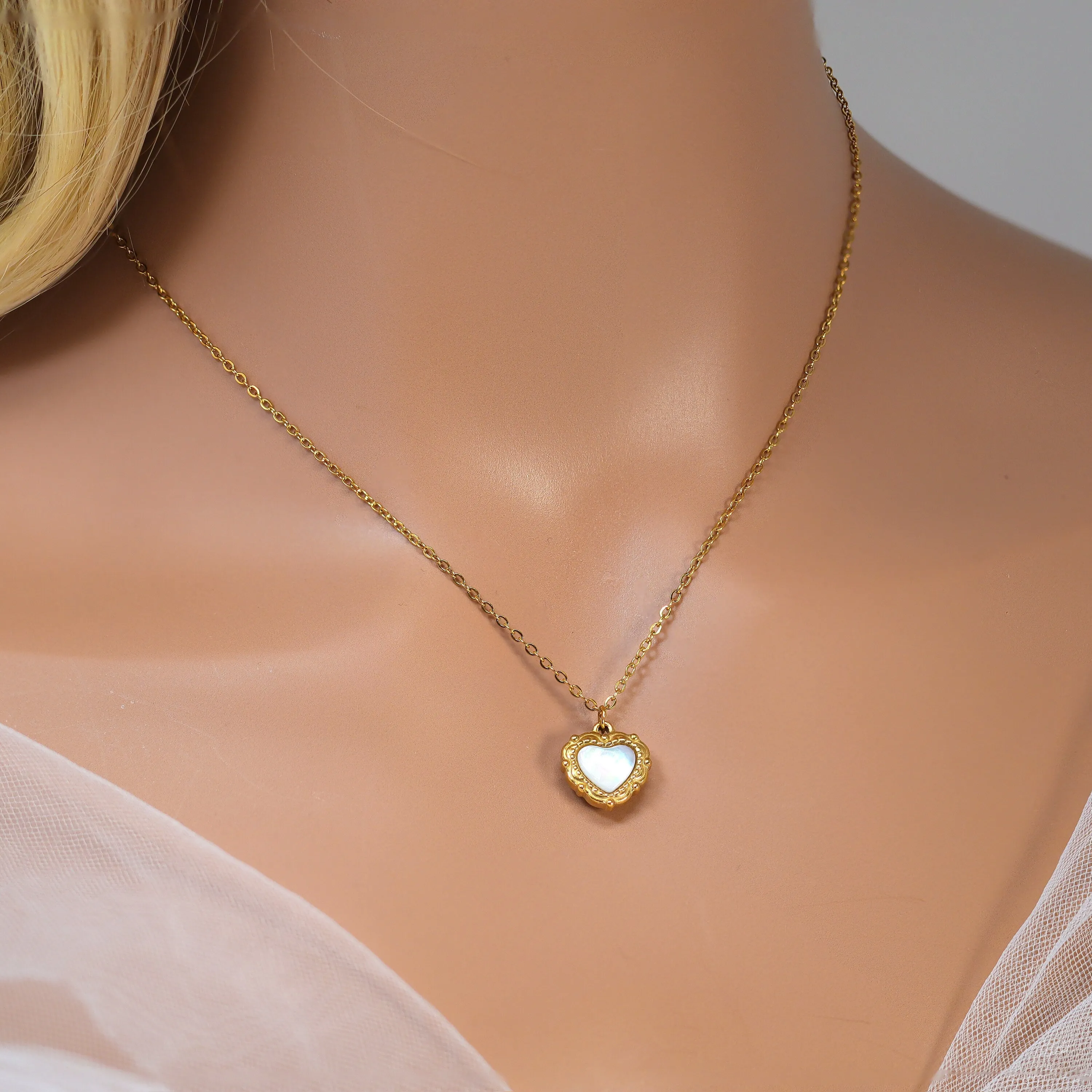 18k Gold Plated Double Sided Dainty Shell in Heart Necklace  Gold Chain Necklace  Minimalist  Gold Serenity Necklace