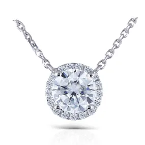 18k White Gold Halo Moissanite Necklace / Pendant 1ct Center Stone