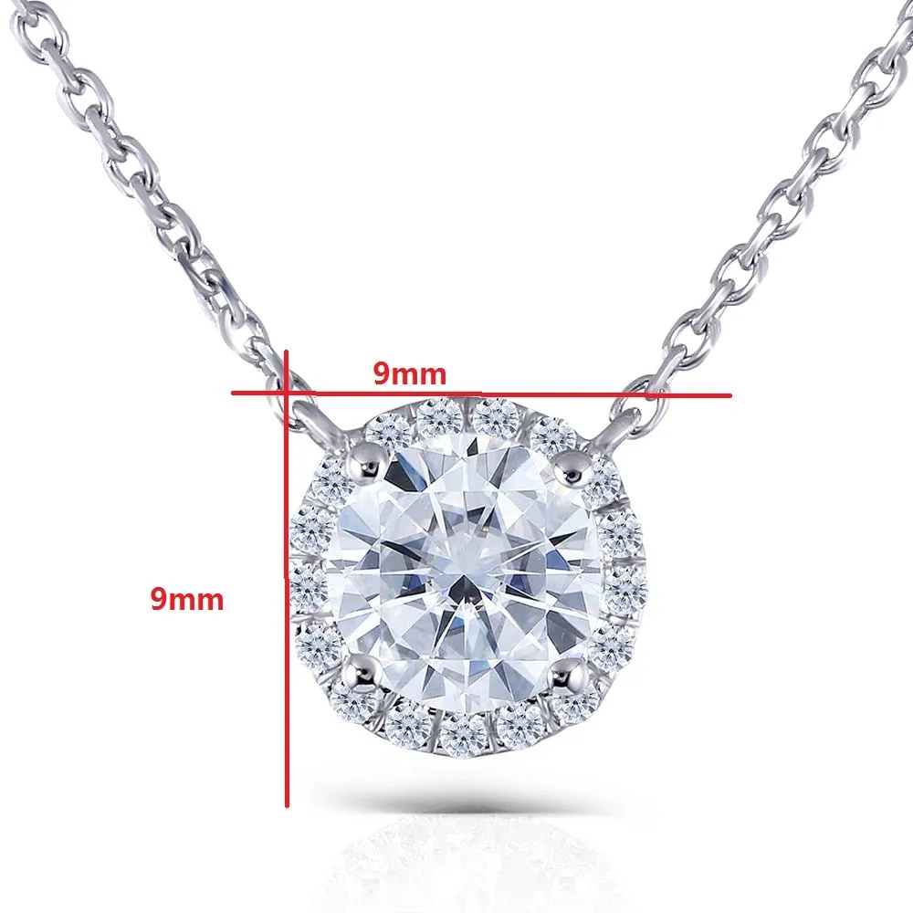 18k White Gold Halo Moissanite Necklace / Pendant 1ct Center Stone