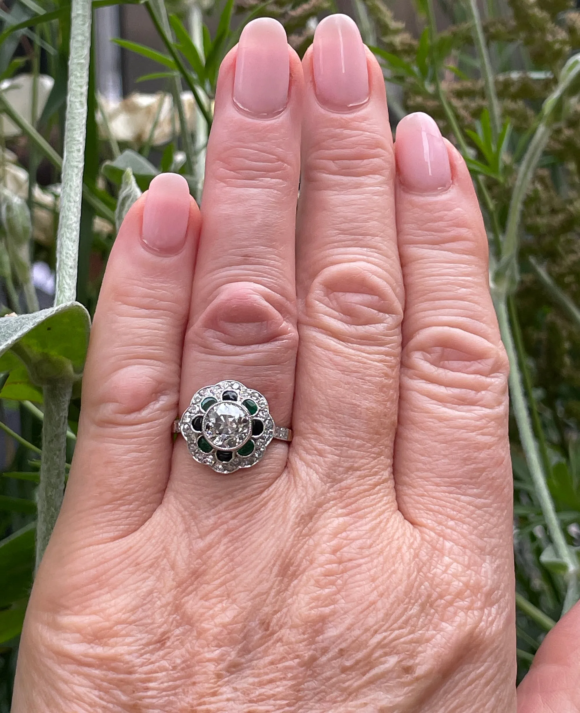 1915 Antique 2.27ctw OLD EUROPEAN Diamond Emerald Black Onyx Cocktail Flower Cluster Platinum 18K Gold Ring