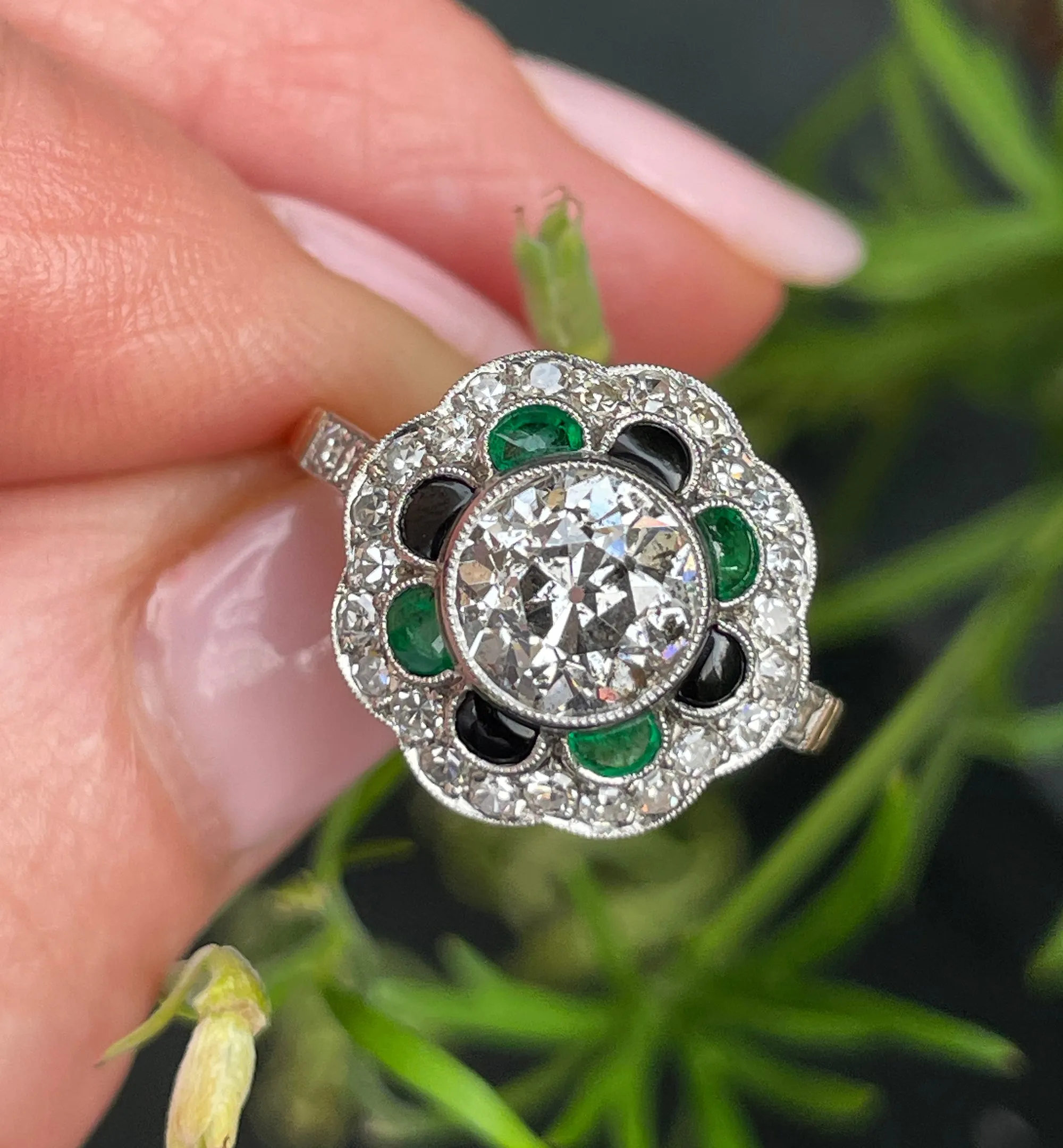 1915 Antique 2.27ctw OLD EUROPEAN Diamond Emerald Black Onyx Cocktail Flower Cluster Platinum 18K Gold Ring