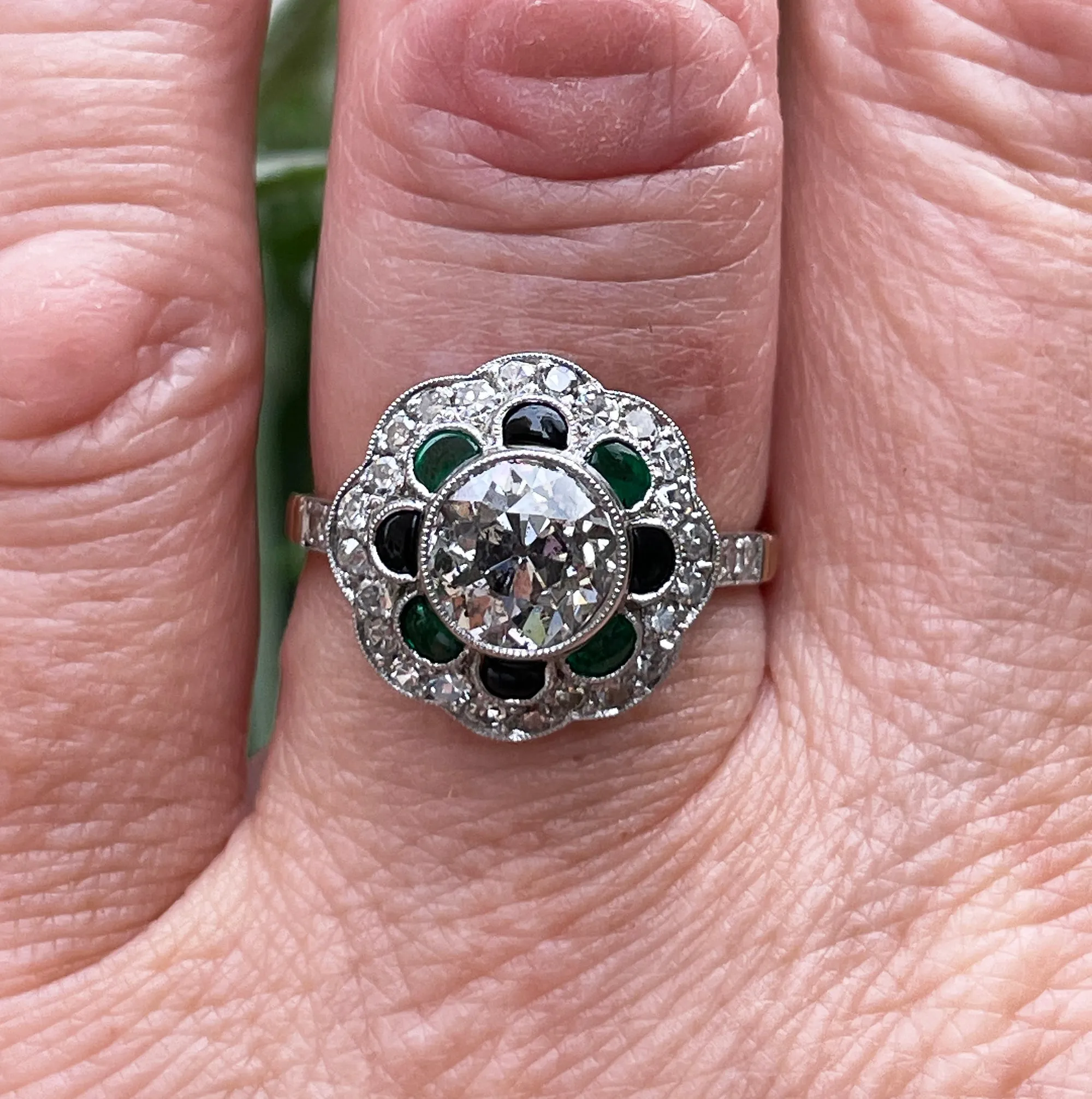 1915 Antique 2.27ctw OLD EUROPEAN Diamond Emerald Black Onyx Cocktail Flower Cluster Platinum 18K Gold Ring