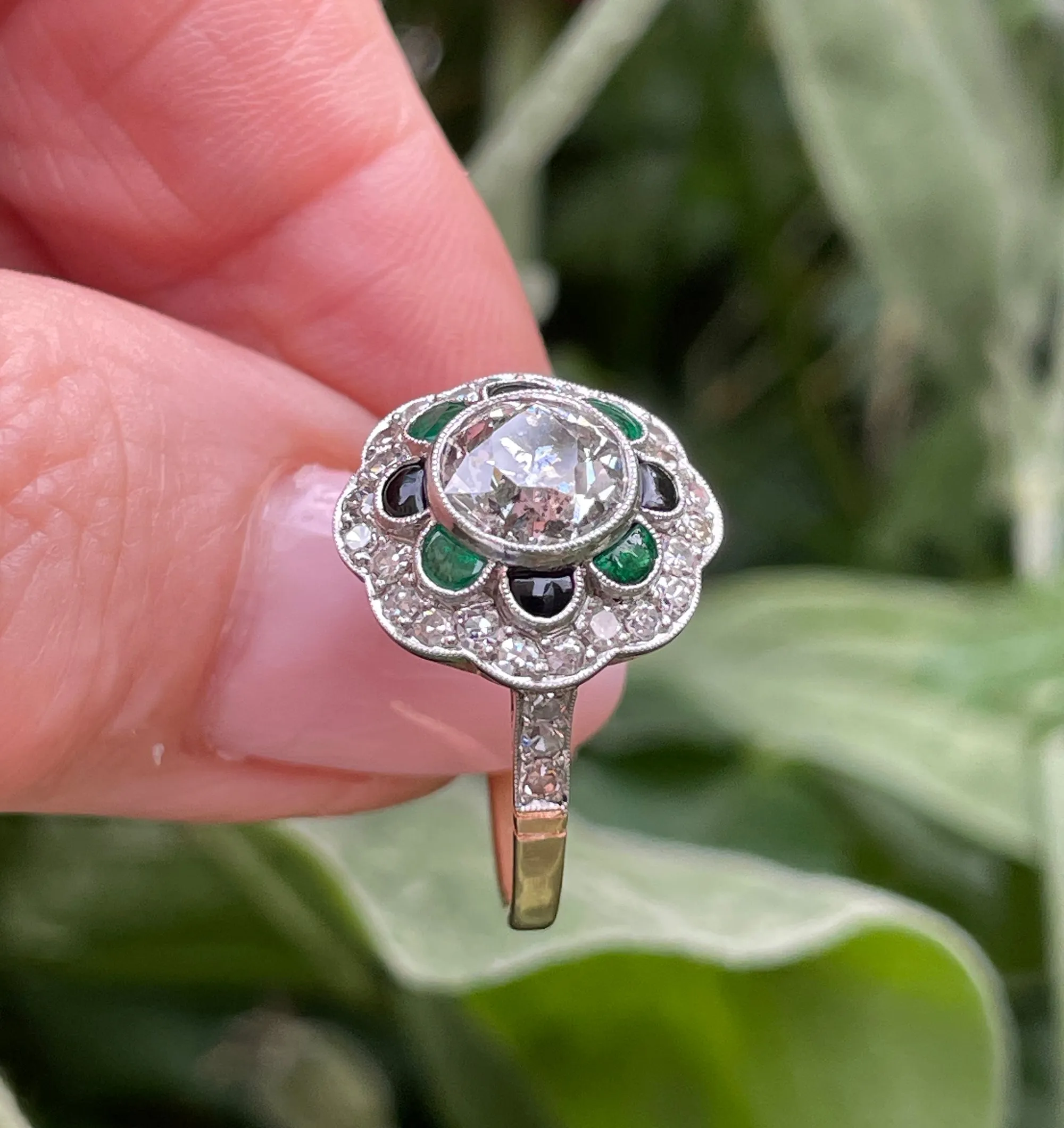 1915 Antique 2.27ctw OLD EUROPEAN Diamond Emerald Black Onyx Cocktail Flower Cluster Platinum 18K Gold Ring