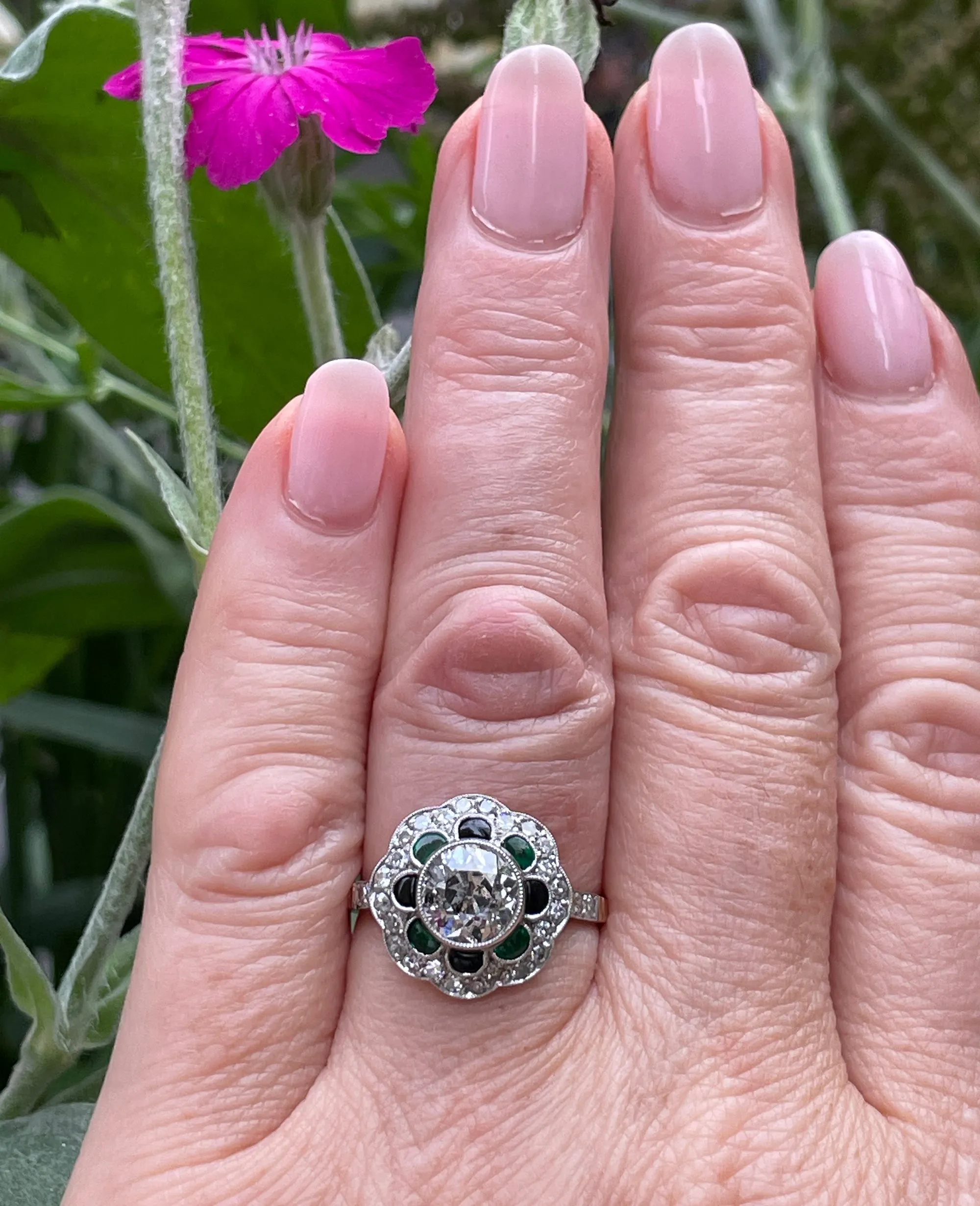 1915 Antique 2.27ctw OLD EUROPEAN Diamond Emerald Black Onyx Cocktail Flower Cluster Platinum 18K Gold Ring