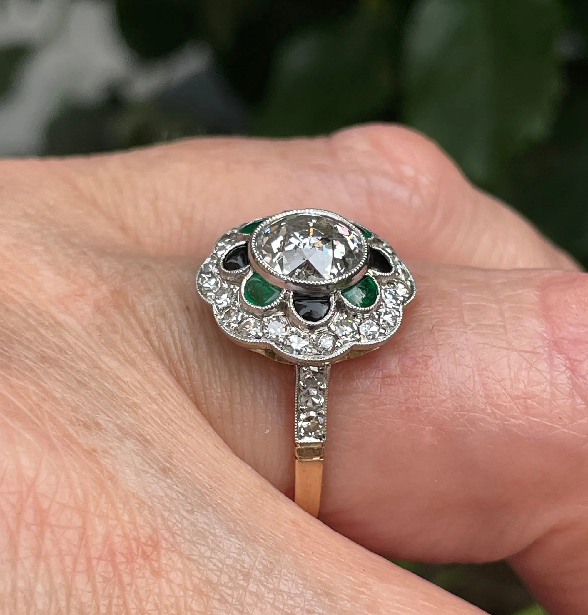 1915 Antique 2.27ctw OLD EUROPEAN Diamond Emerald Black Onyx Cocktail Flower Cluster Platinum 18K Gold Ring