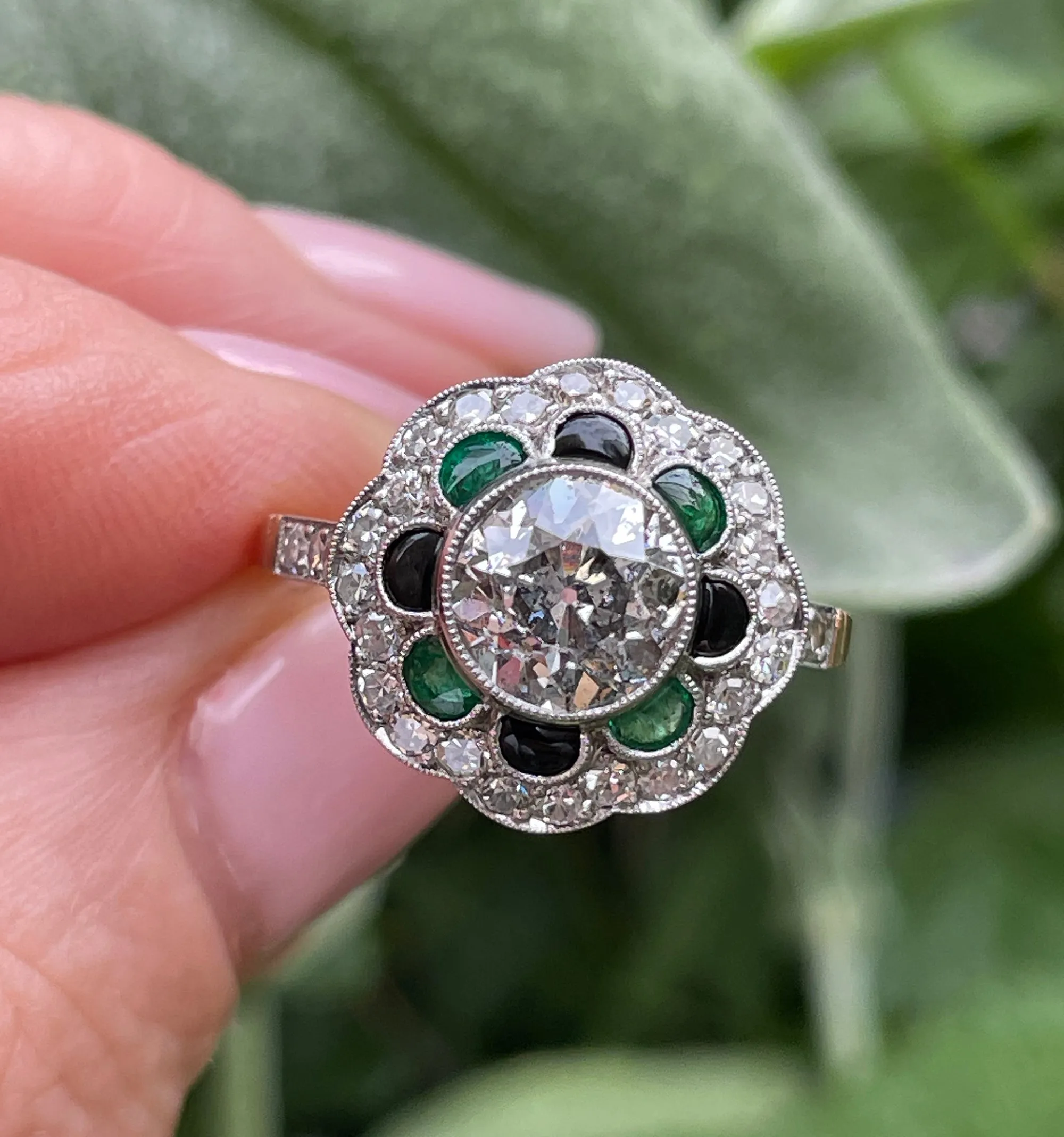 1915 Antique 2.27ctw OLD EUROPEAN Diamond Emerald Black Onyx Cocktail Flower Cluster Platinum 18K Gold Ring