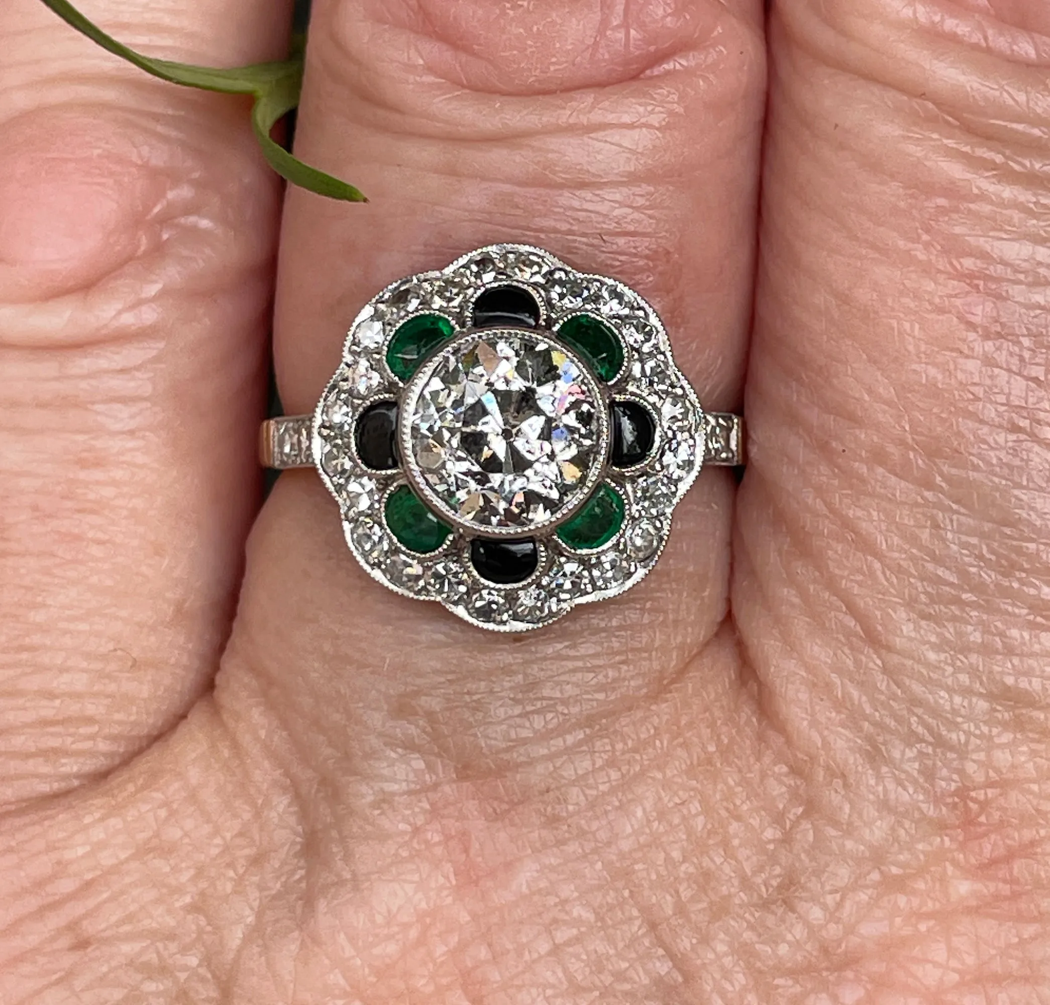 1915 Antique 2.27ctw OLD EUROPEAN Diamond Emerald Black Onyx Cocktail Flower Cluster Platinum 18K Gold Ring