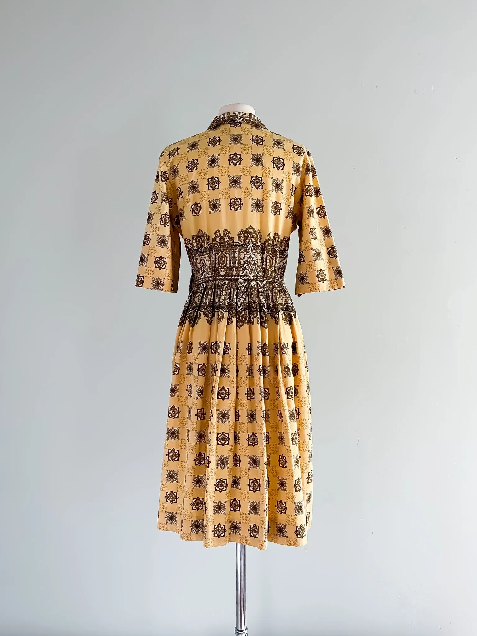 1950's Charles Hymen Autumn Gold Paisley Print Shirt Dress / Sz M