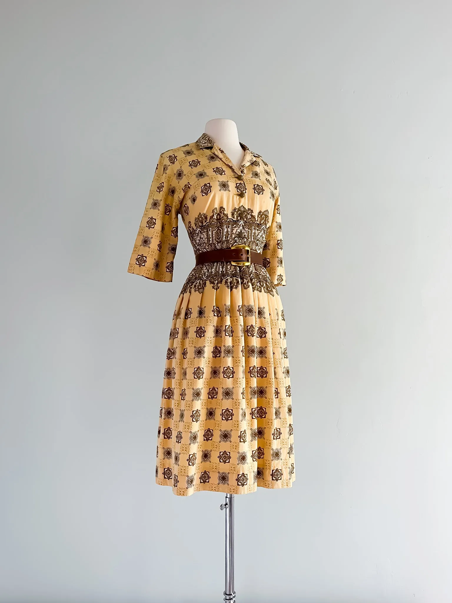 1950's Charles Hymen Autumn Gold Paisley Print Shirt Dress / Sz M