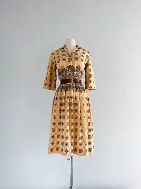 1950's Charles Hymen Autumn Gold Paisley Print Shirt Dress / Sz M