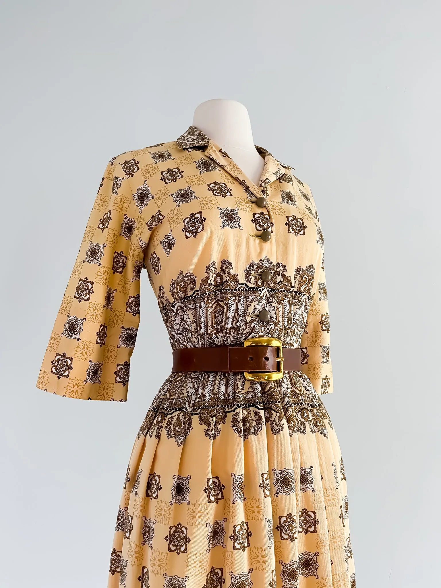 1950's Charles Hymen Autumn Gold Paisley Print Shirt Dress / Sz M