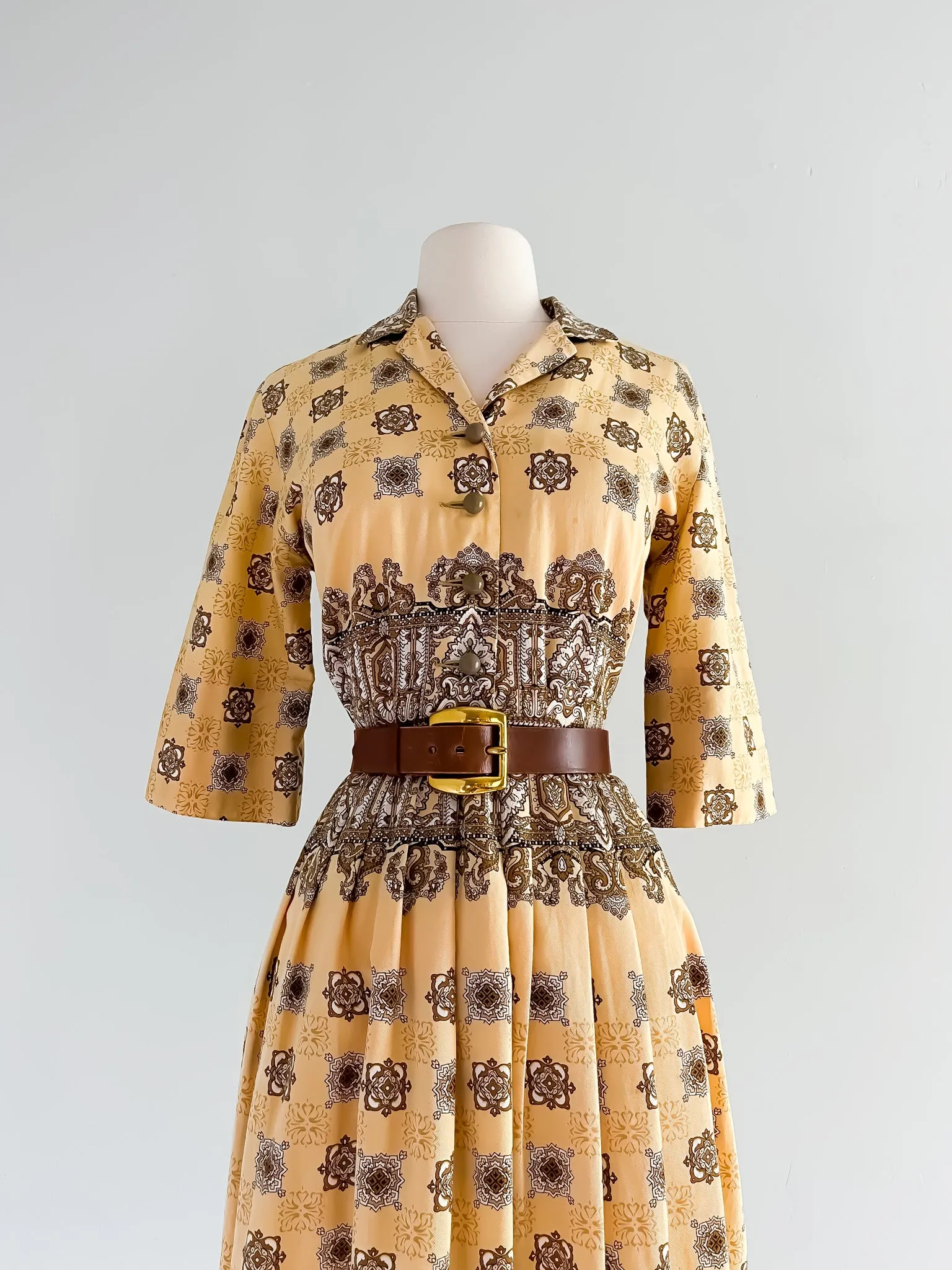 1950's Charles Hymen Autumn Gold Paisley Print Shirt Dress / Sz M