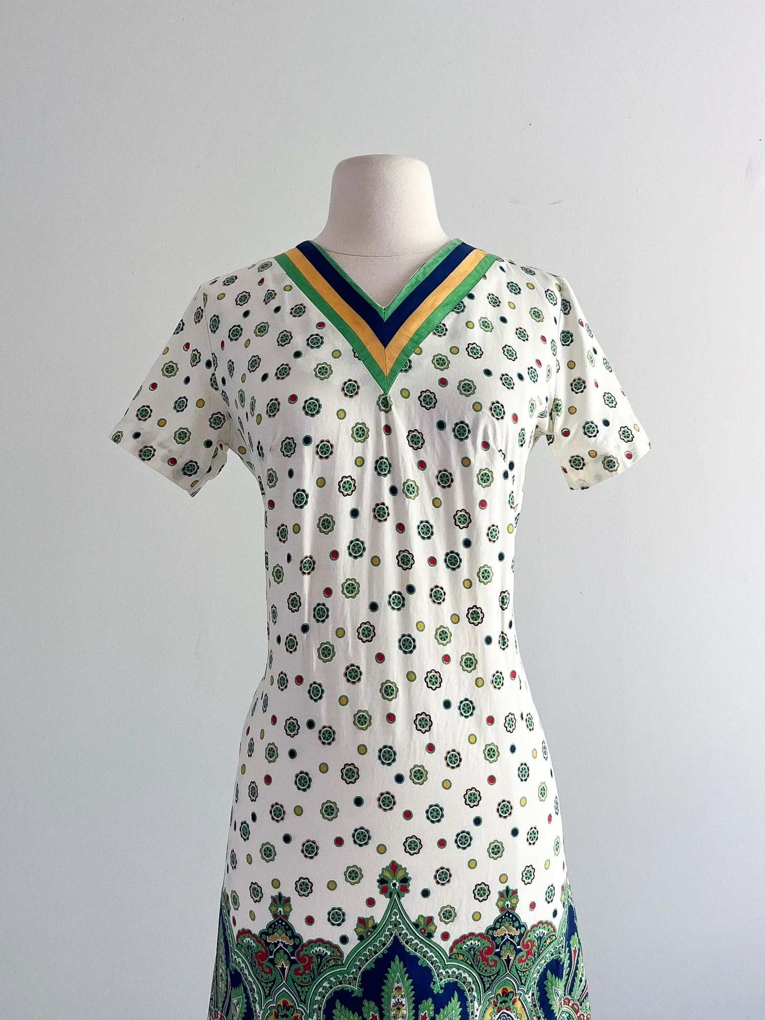 1960's Paisley Rainbow Border Print Cotton Dress / Sz M