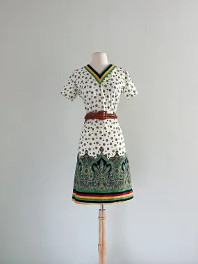 1960's Paisley Rainbow Border Print Cotton Dress / Sz M