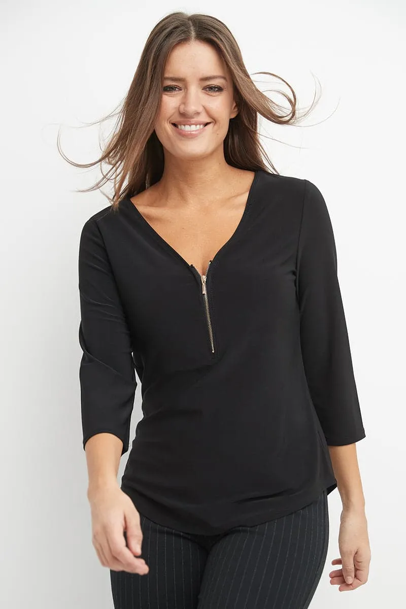 3/4 Sleeve Business Casual Top with Front Zipper