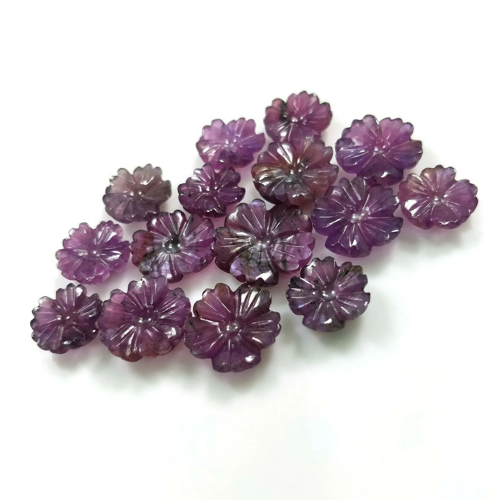 65.35cts Natural Untreated PURPLE VIOLET SAPPHIRE Gemstone Hand Carved FLOWER Round Shape 10.5mm - 14mm 15pcs Lot For Jewelry