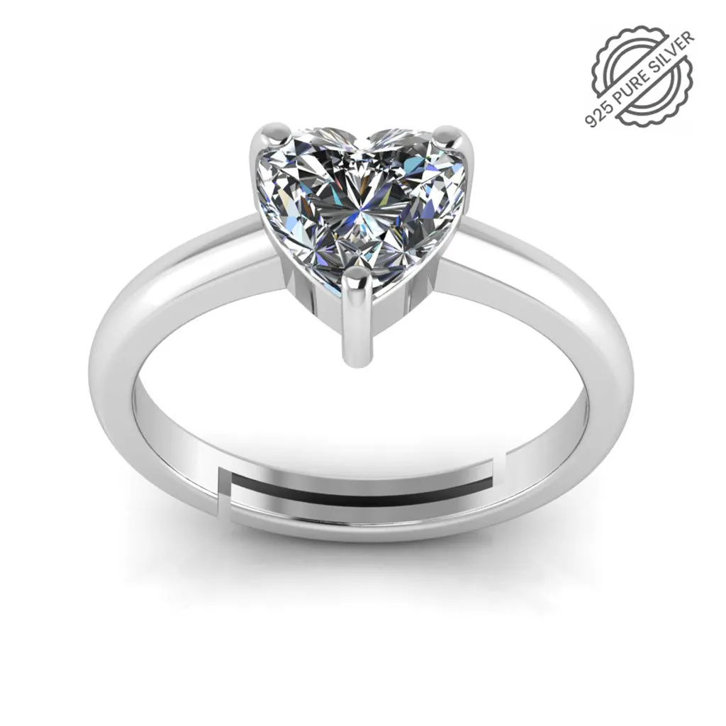 925 Sterling Silver Heart Shape Single Diamond Silver Ring