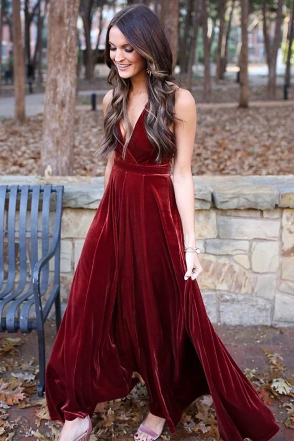 A Line Halter V Neck Backless Ankle Length Burgundy Prom Dresses, Backless Wine Red Velet Formal Dresses, Maroon Evening Dresses