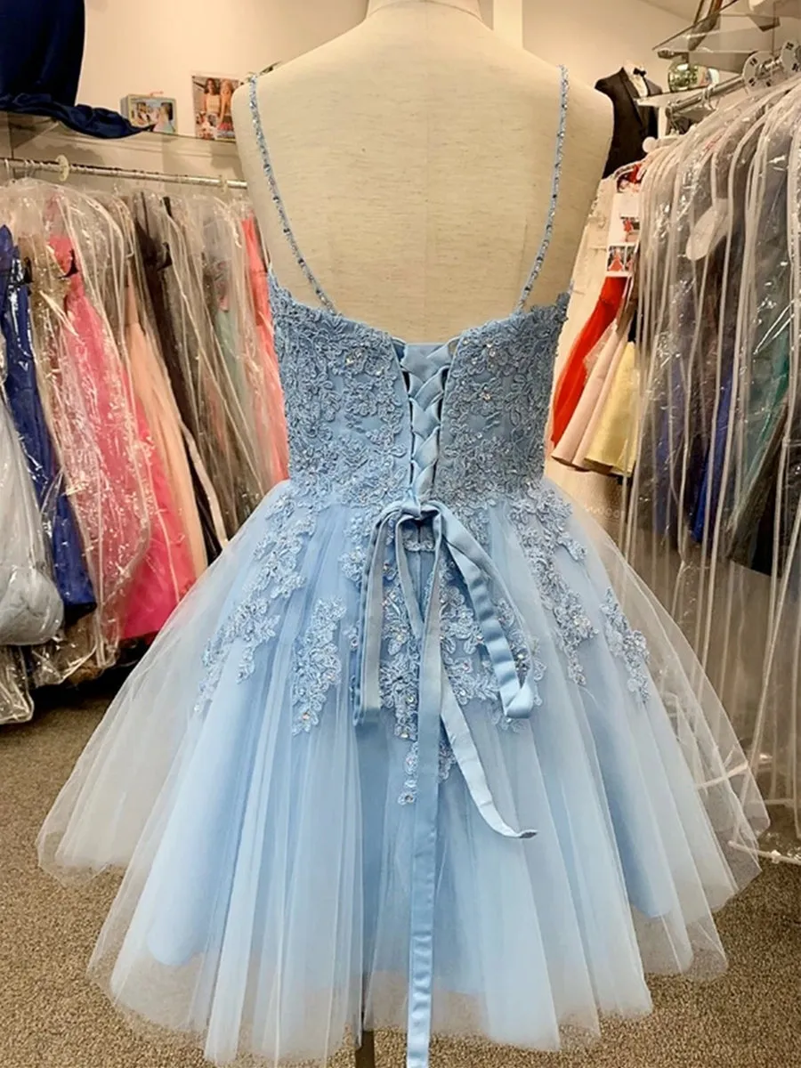 A Line V Neck Blue Lace Appliques Short Prom Dresses Homecoming Dresses, Blue Lace Formal Graduation Evening Dresses