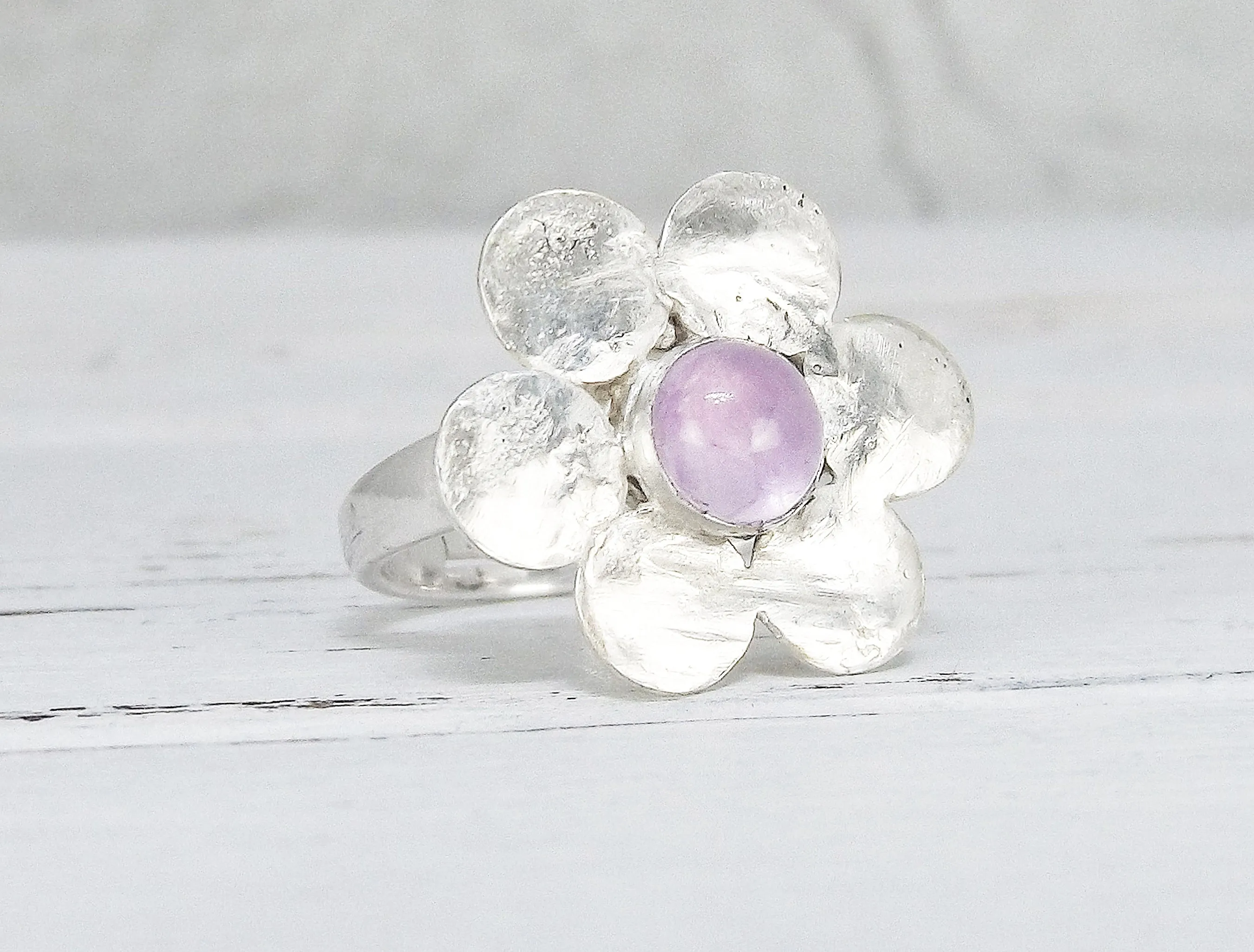 Adjustable Sterling Silver Amethyst Flower Ring