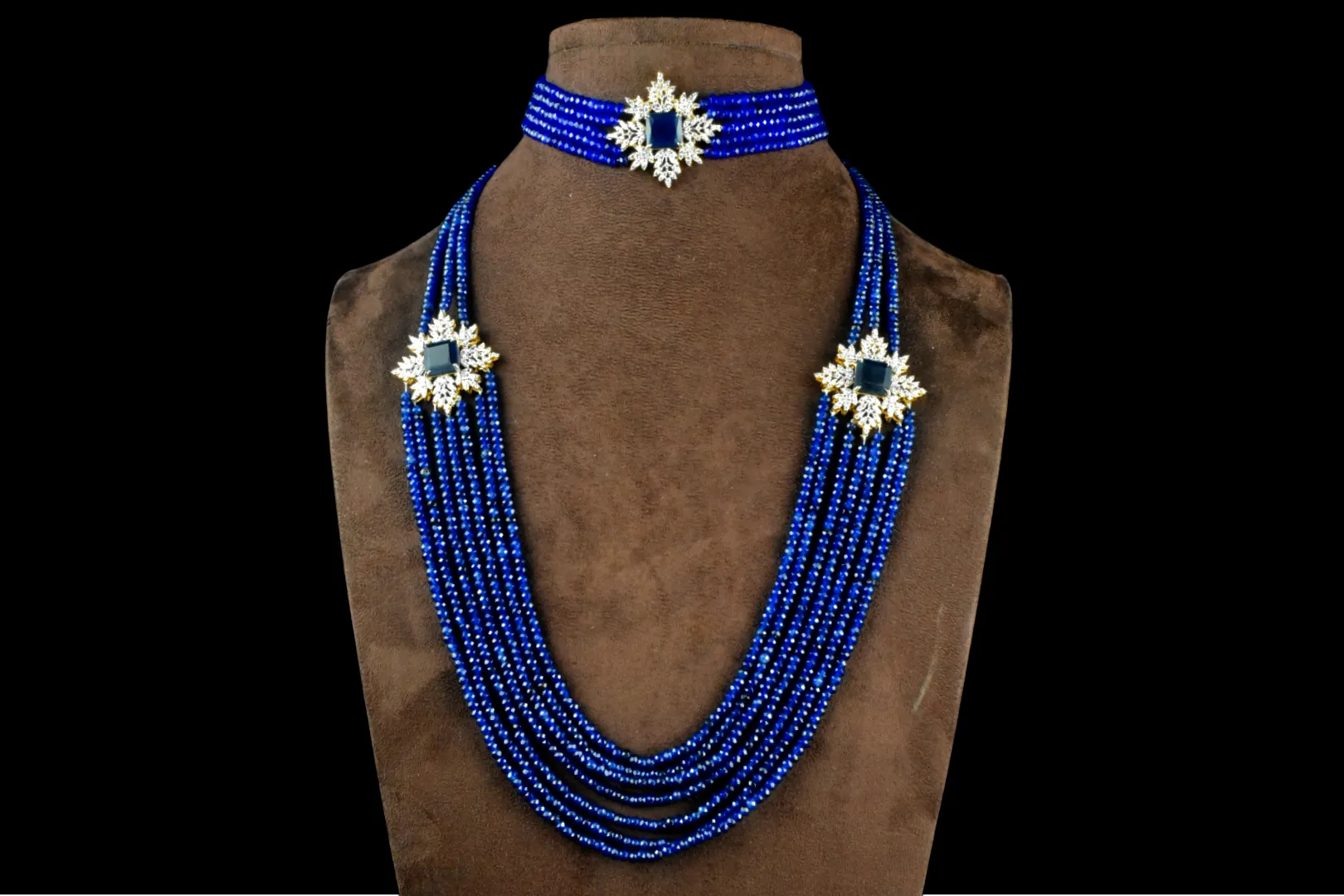 American Diamond Blue sapphire Beads Choker With Long Haram Combo Set By Asp Fashion Jewellery