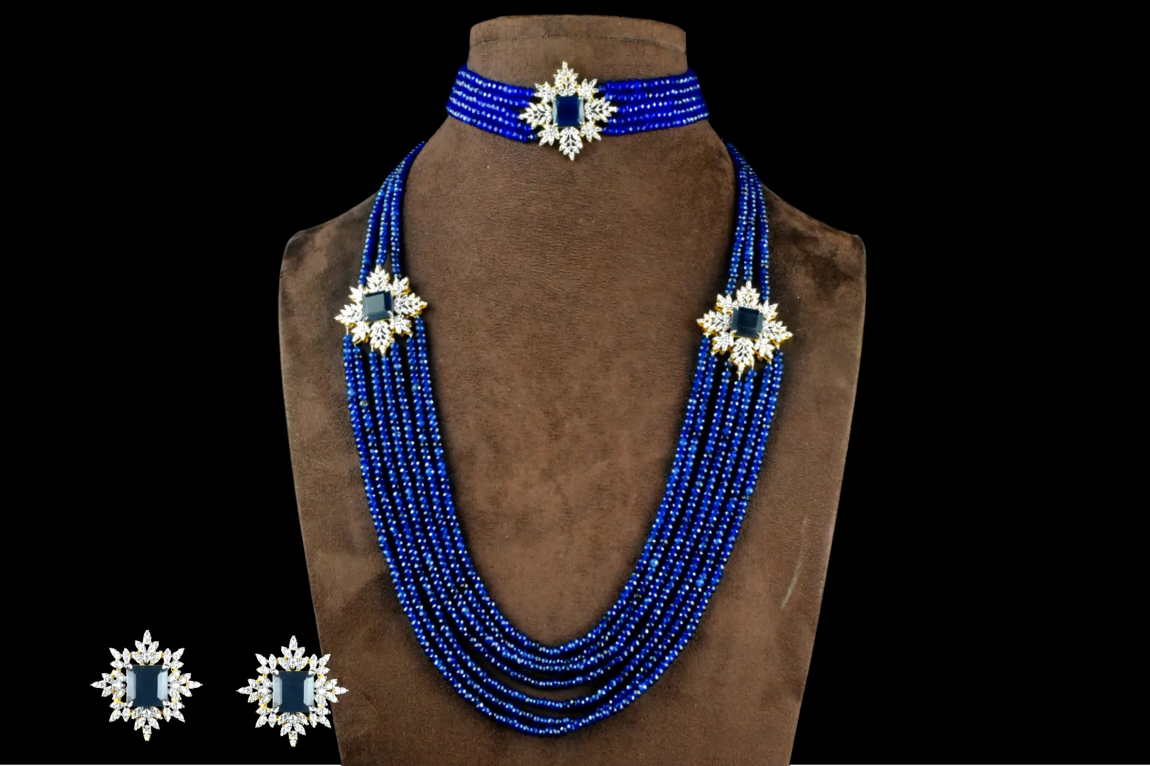 American Diamond Blue sapphire Beads Choker With Long Haram Combo Set By Asp Fashion Jewellery