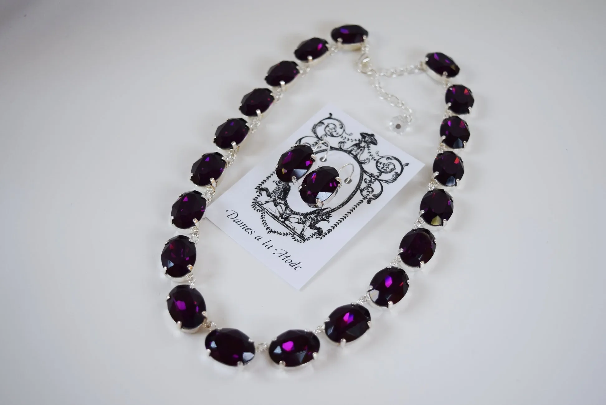 Amethyst Swarovski Crystal Collet Necklace - Large Oval