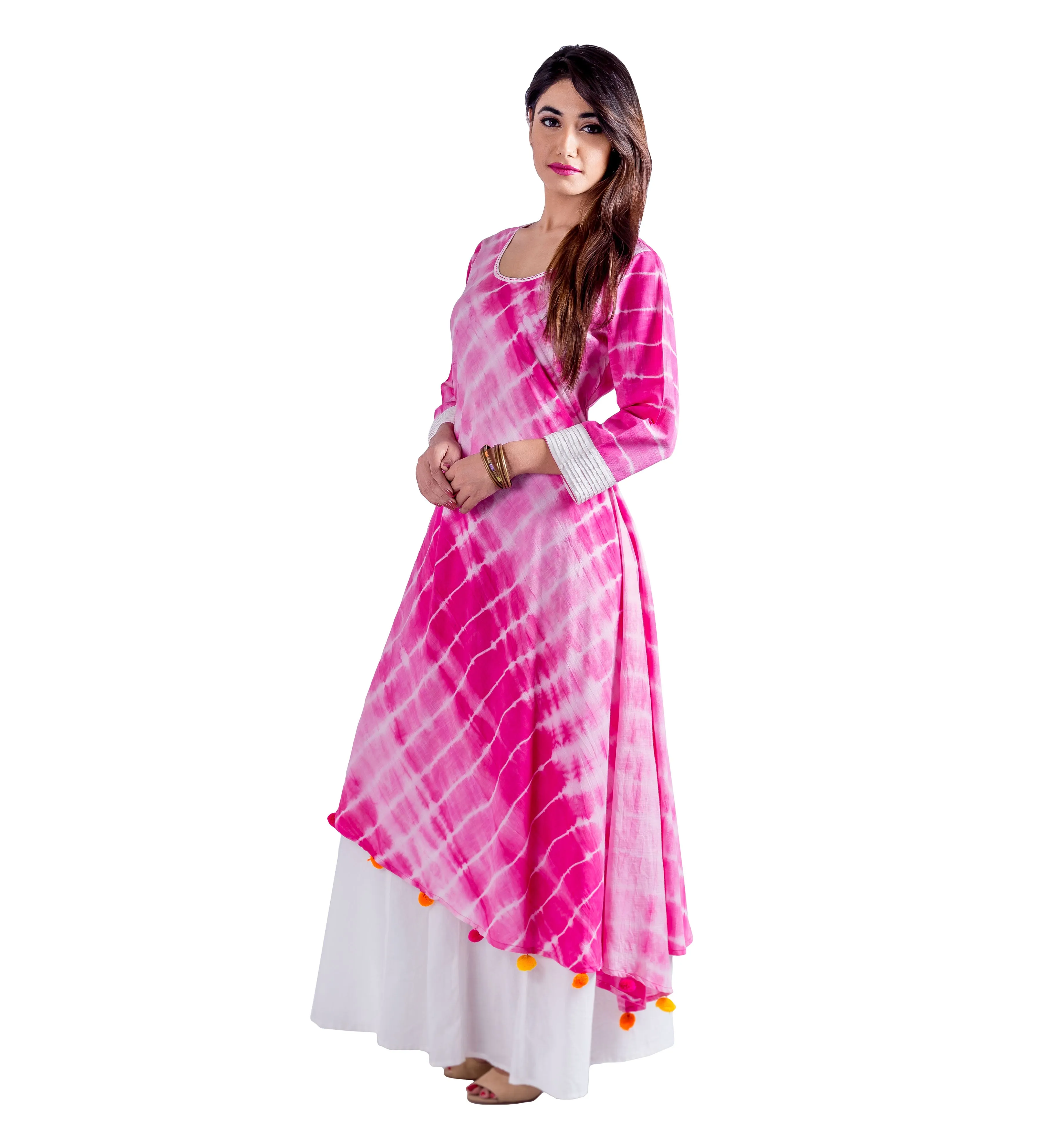 Asymmetrical Fuchsia Tie And Dye Indo Western Dress