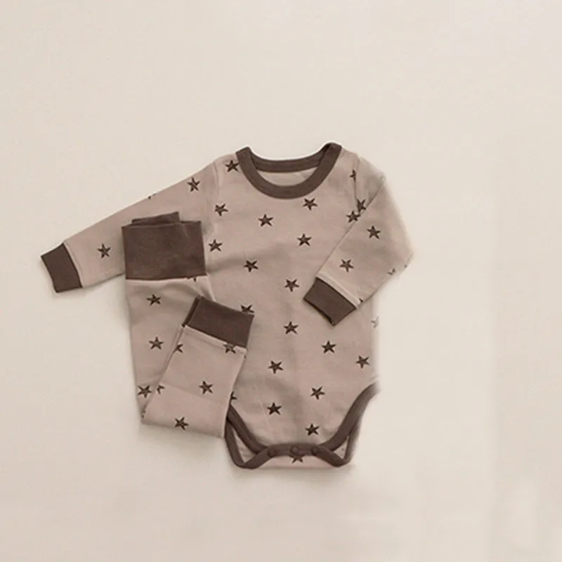 Baby Solid Color Cute Stars Printed Long-sleeved Pants Hat Pajamas Three Sets