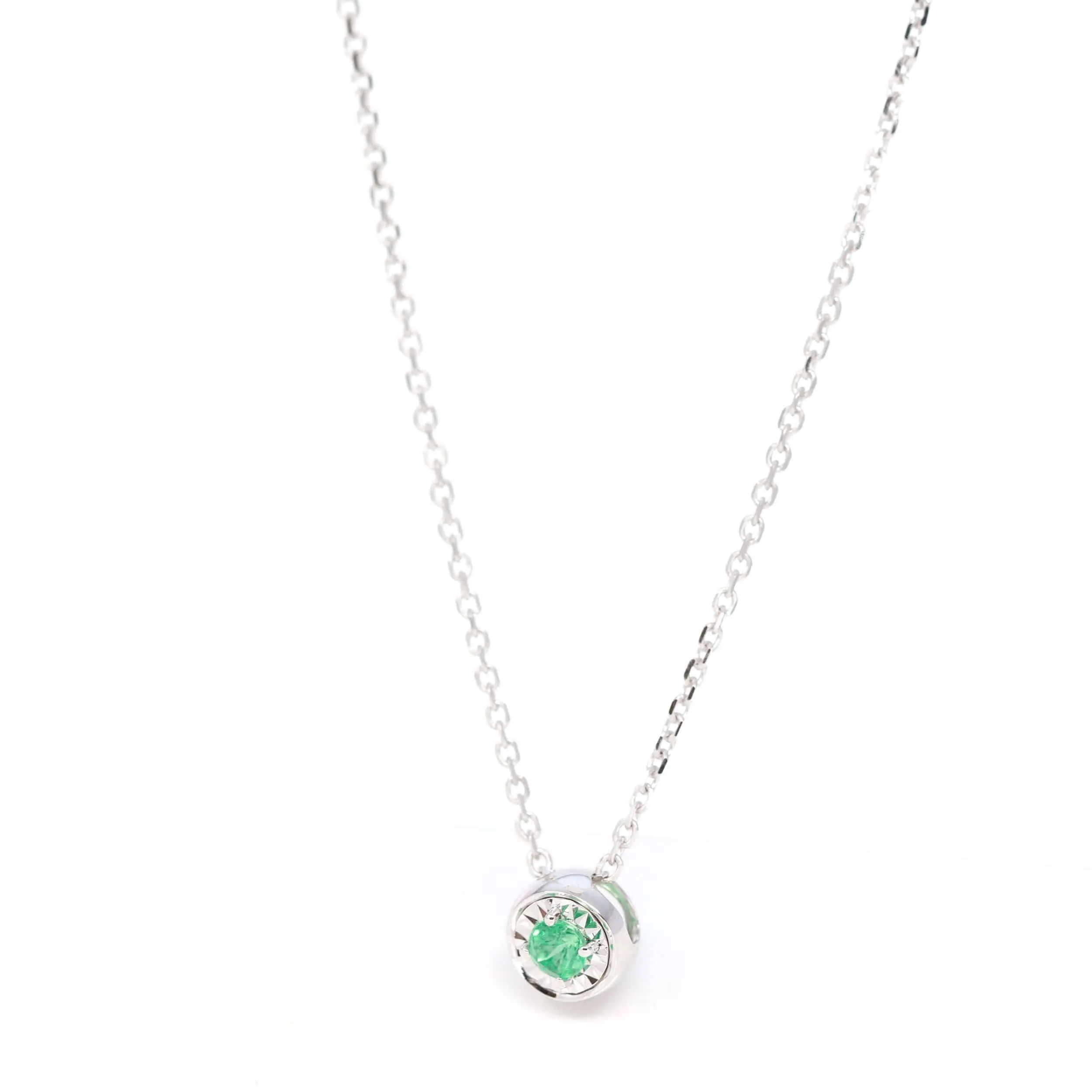 Baikalla? 14k White Gold Emerald Round 4 Prong Set Necklace With Diamond-Cut Halo