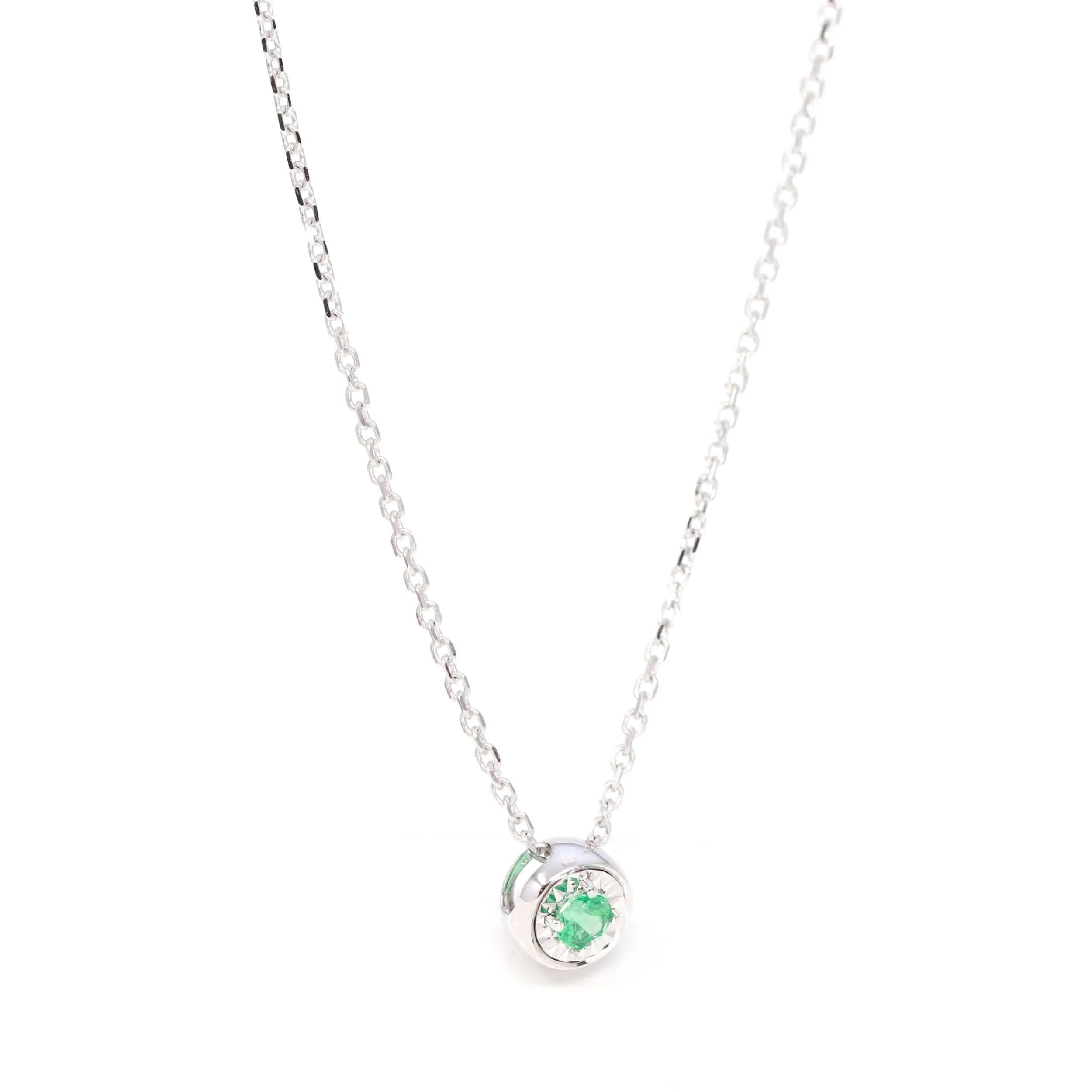 Baikalla? 14k White Gold Emerald Round 4 Prong Set Necklace With Diamond-Cut Halo