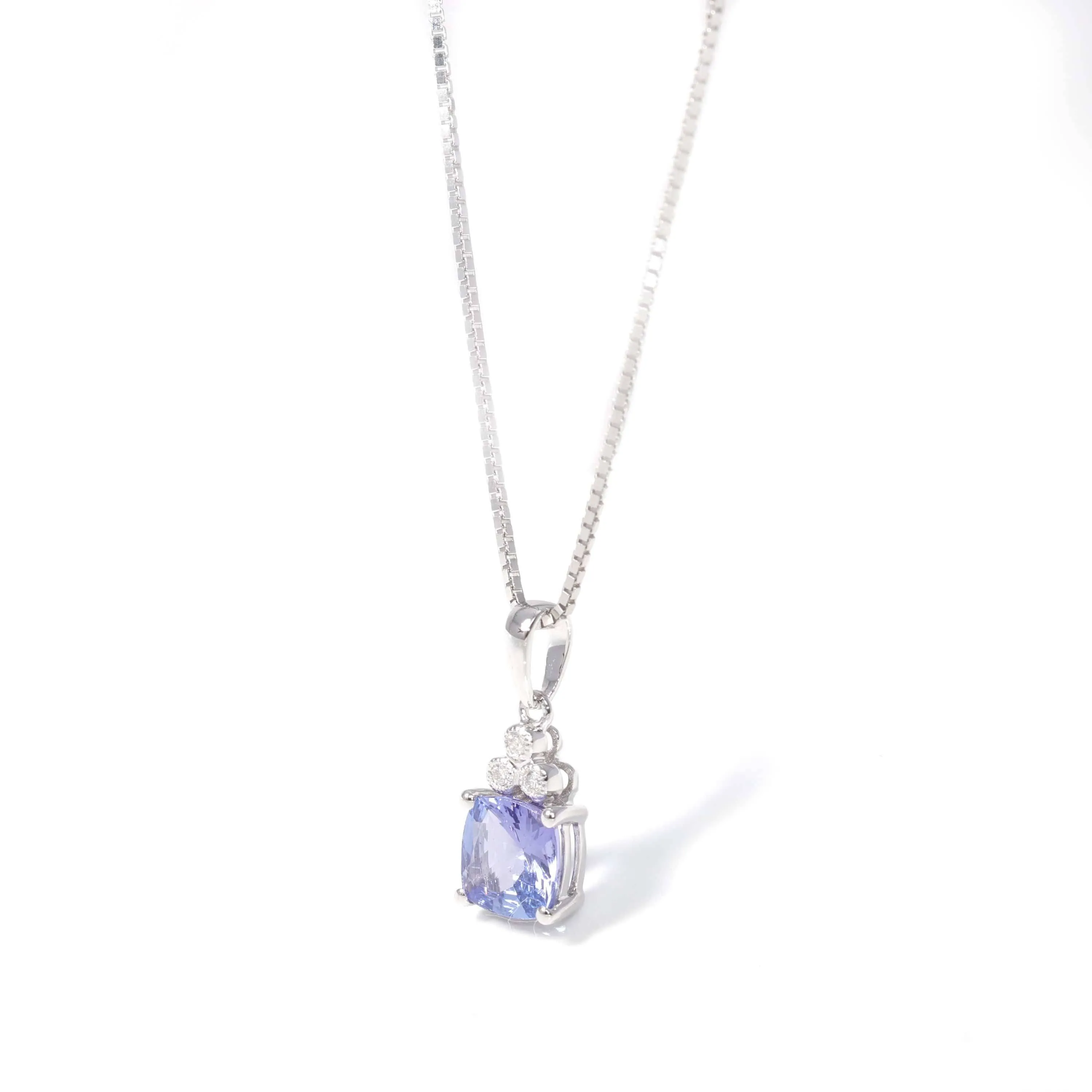 Baikalla? 14k White Gold Natural Tanzanite Cushion Cut Prong Set Necklace With Diamonds