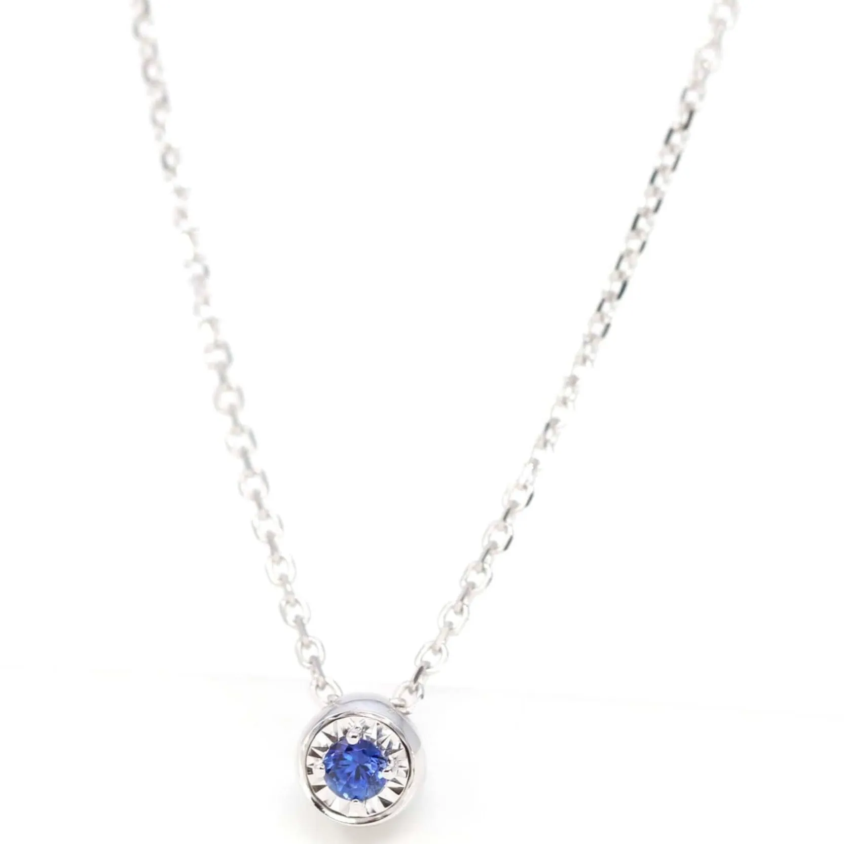 Baikalla? 14k White Gold Sapphire Round 4 Prong Set Necklace With Diamond-Cut Halo