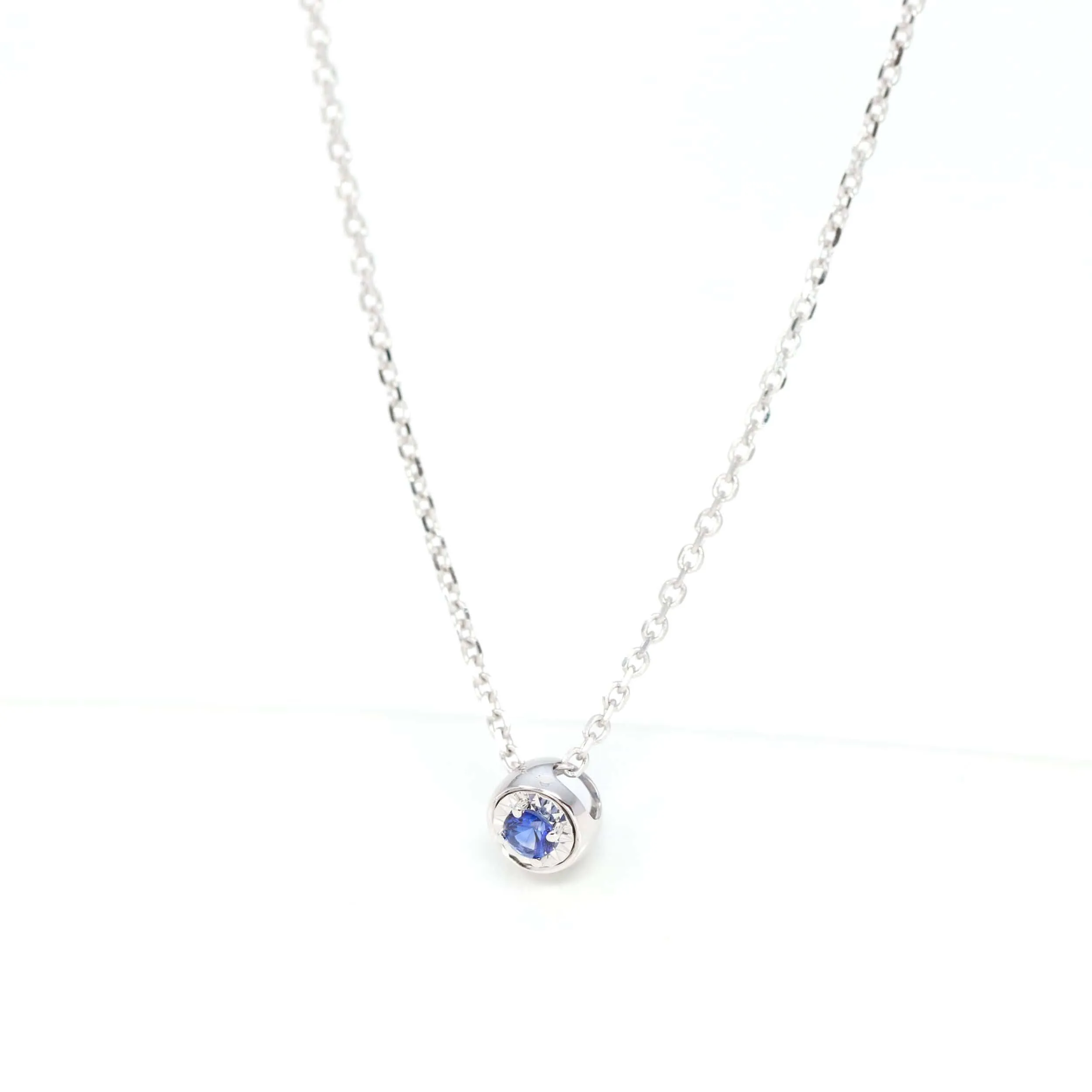 Baikalla? 14k White Gold Sapphire Round 4 Prong Set Necklace With Diamond-Cut Halo