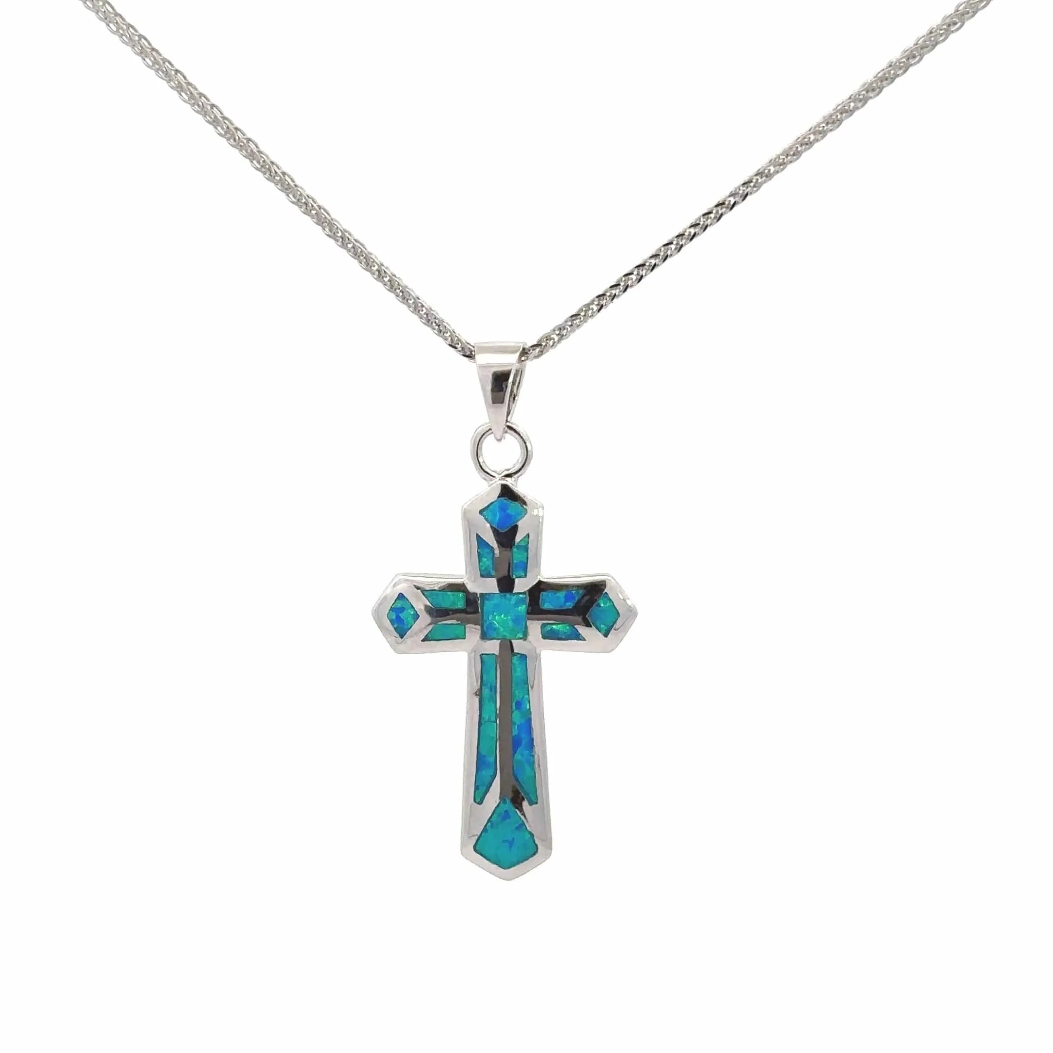 Baikalla Sterling Silver Lab-Created Opal Cross Bezel Pendant Necklace