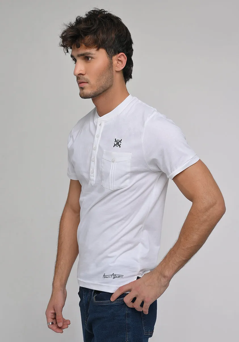 Basic Jersey Henley Pocket White T-Shirt