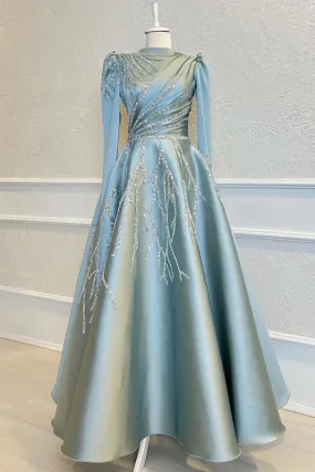 Beaded Prom Dress with High Collar Long Sleeves A-Line Fit and Pleated Appliques